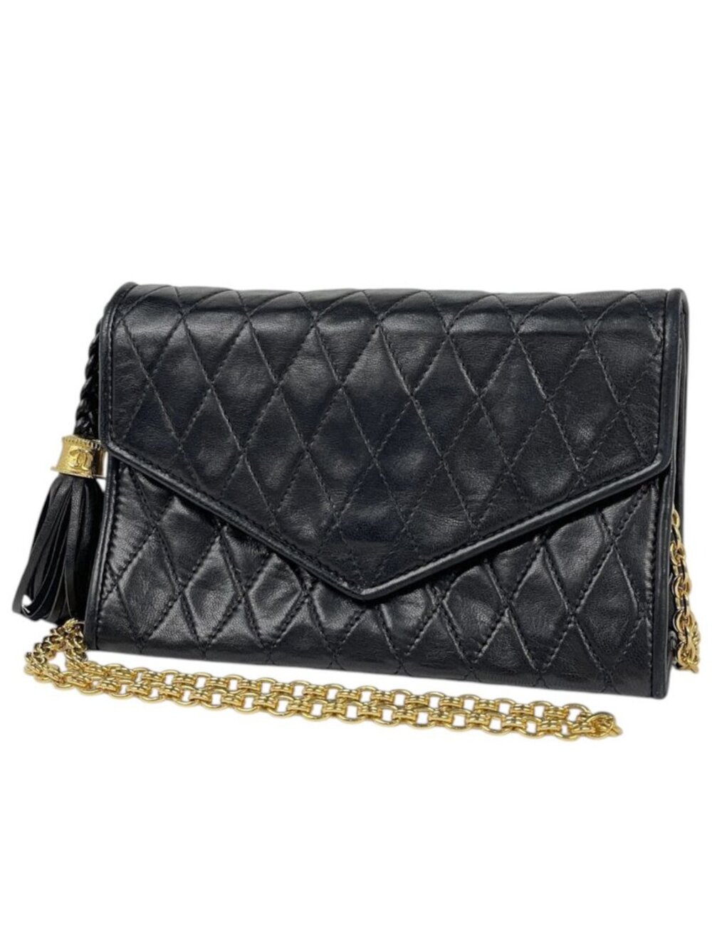 Chanel Shoulder Bag CC Logo Fringe Tassel Leather Black